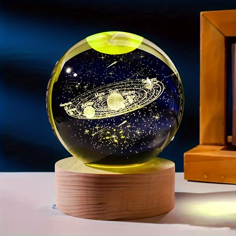 LumiSphere - 3D Kryształowa Kula LED Nocna Lampa z Drewnianą Podstawą