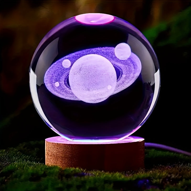 LumiSphere - 3D Kryształowa Kula LED Nocna Lampa z Drewnianą Podstawą