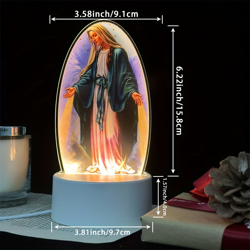 DivineGlow - LED Lampka Nocna Matki Boskiej z Owalną Ramką Akrylową, Zasilana USB