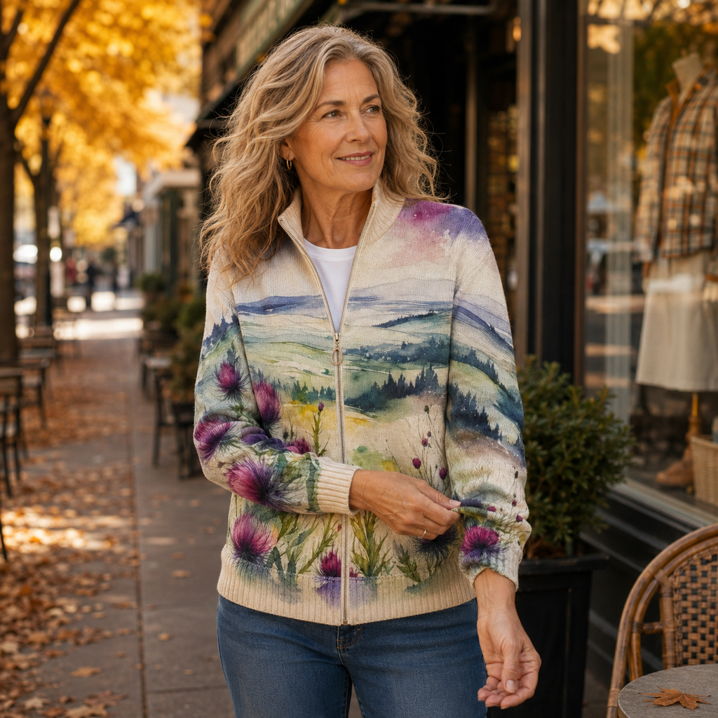 Zelda | Skotsk Tistel Landskap Zip Cardigan