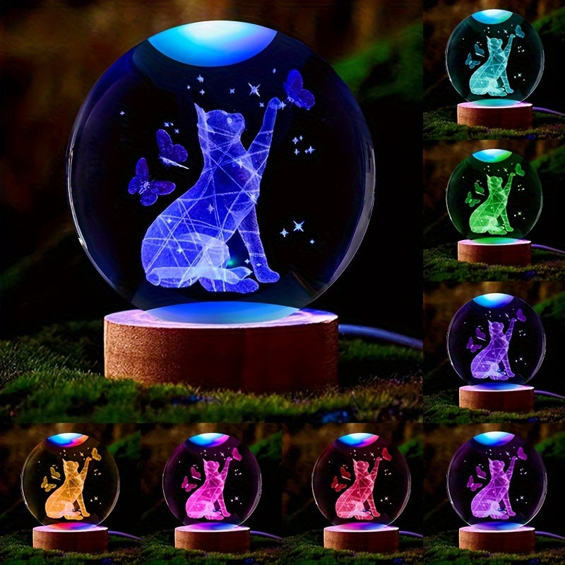 CrystalGlow - 3D Kot & Mot Kryształowa Kula Nocna Lampa z Drewnianą Podstawką