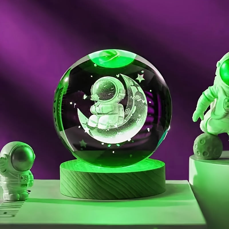 LumiSphere - 3D Kryształowa Kula LED Nocna Lampa z Drewnianą Podstawą