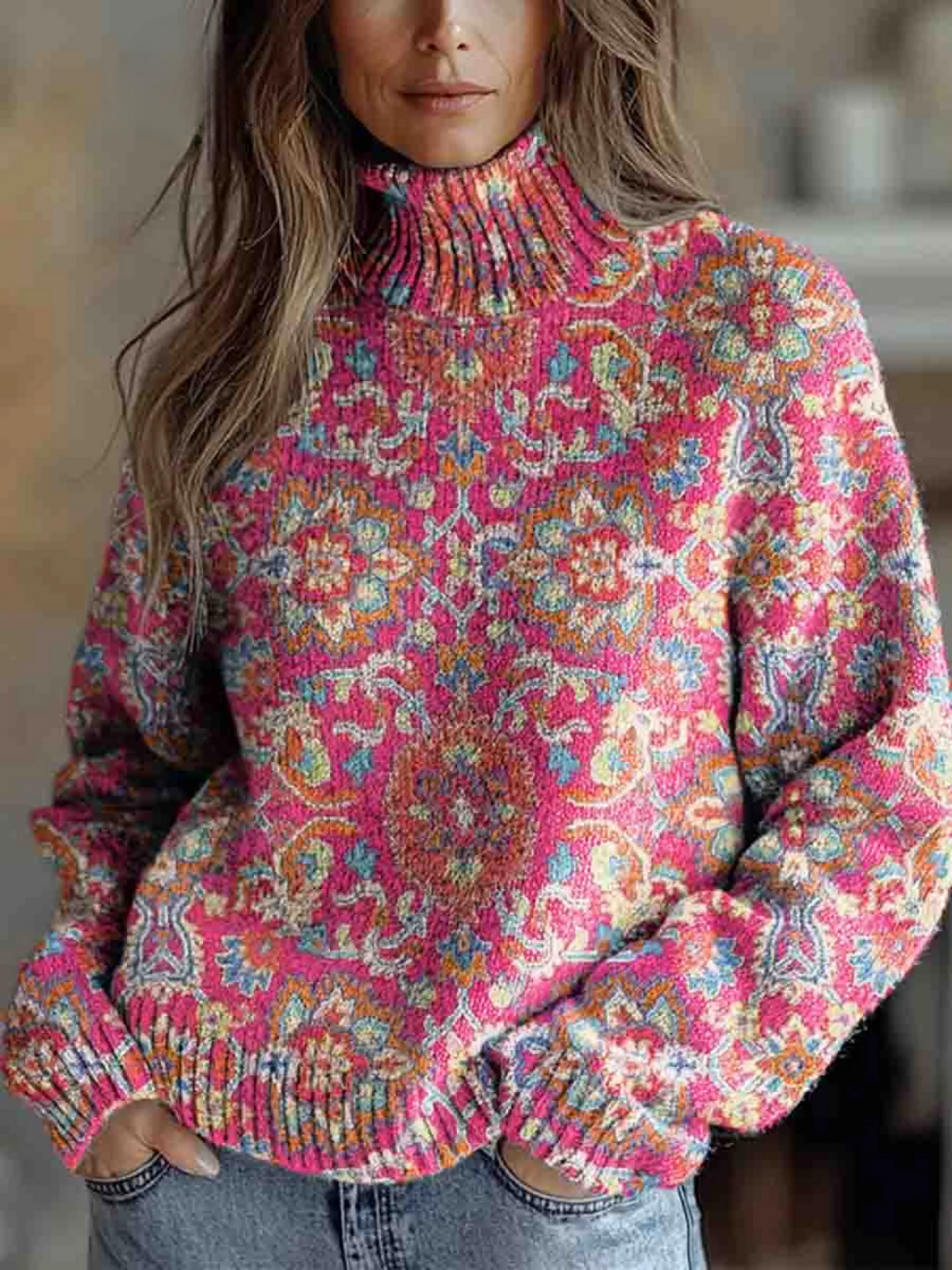 Isla | Retro Blommig Höghalssweater