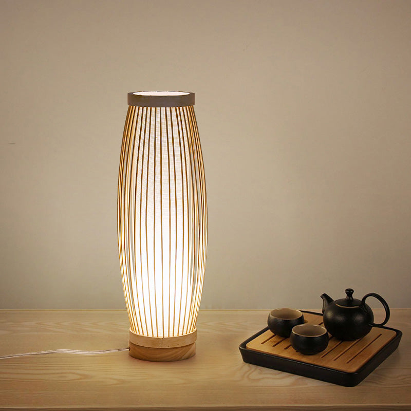 BambooGlow - Prostokątna Lampa Stołowa z Bambusa z Tkaninowym Kloszem