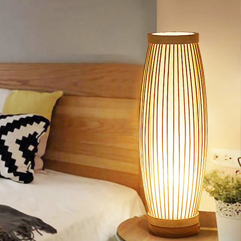 BambooGlow - Prostokątna Lampa Stołowa z Bambusa z Tkaninowym Kloszem