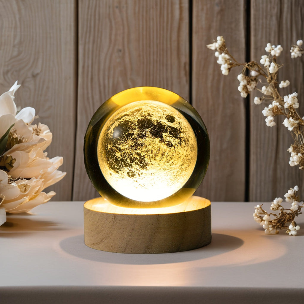 MoonCrystal - Lampa Kula Księżycowa z Drewnianą Podstawą