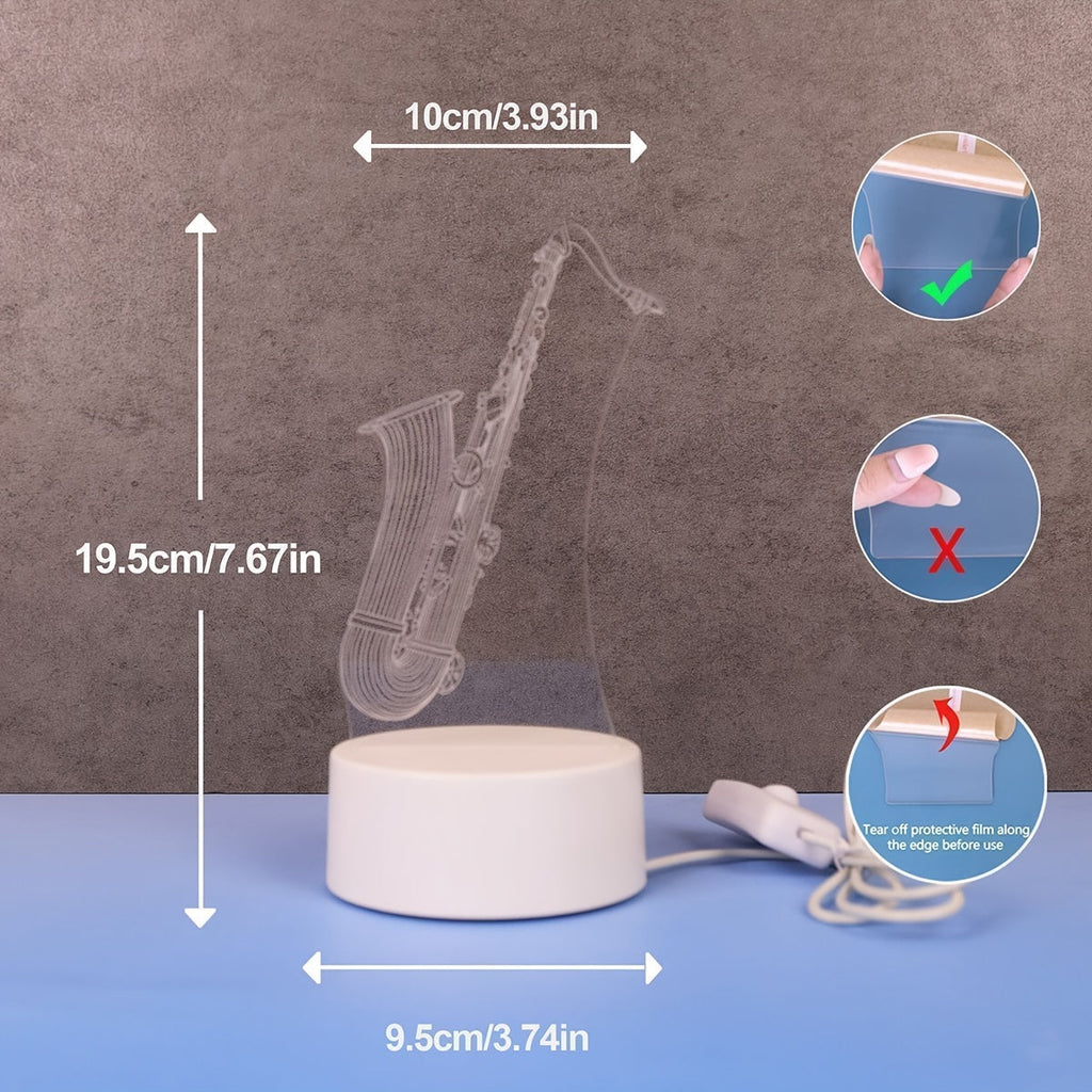 SaxGlow - 3D Lampa nocna LED w kształcie saksofonu, zasilana przez USB