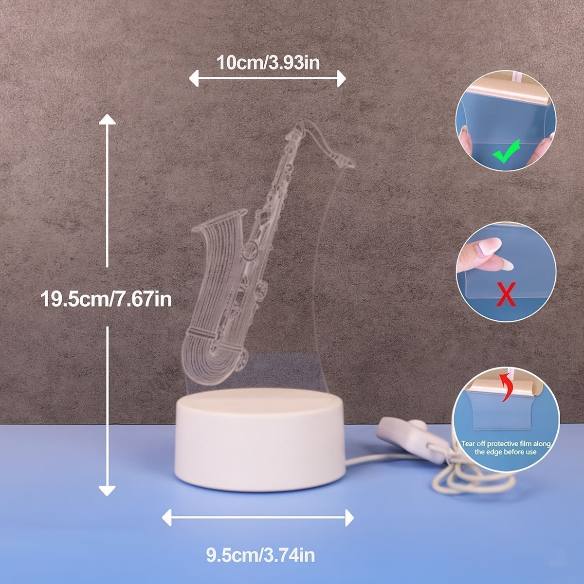 SaxGlow - 3D Lampa nocna LED w kształcie saksofonu, zasilana przez USB