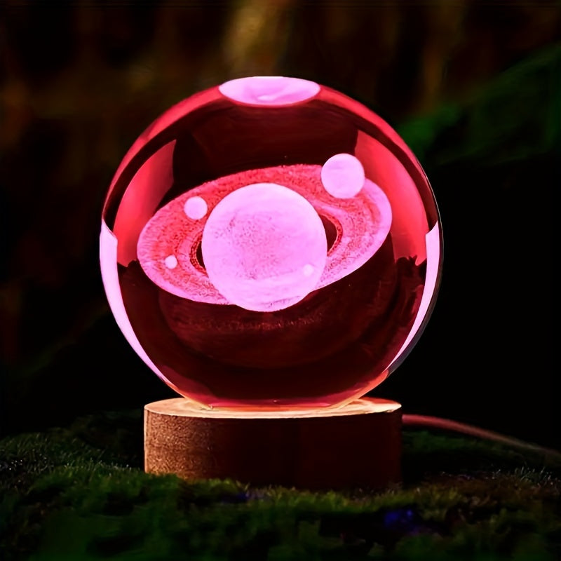 LumiSphere - 3D Kryształowa Kula LED Nocna Lampa z Drewnianą Podstawą