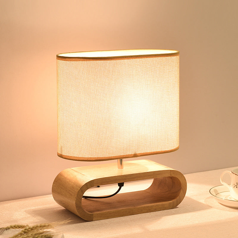 Lampa nocna Nordic Wood - Prosta lampa nocna z drewna z materiałowym kloszem