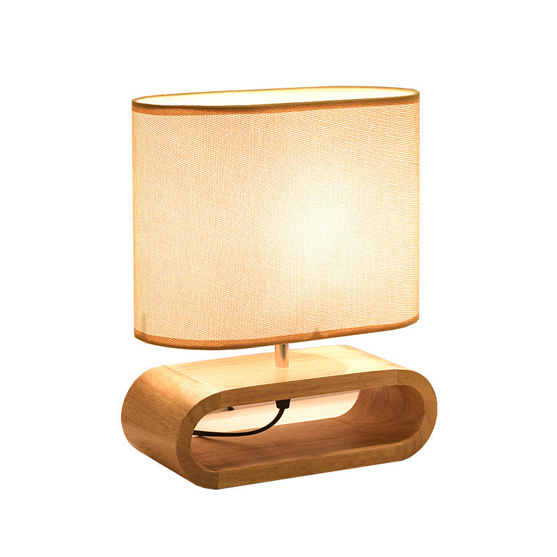 Lampa nocna Nordic Wood - Prosta lampa nocna z drewna z materiałowym kloszem
