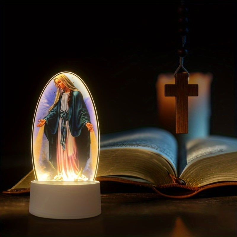 DivineGlow - LED Lampka Nocna Matki Boskiej z Owalną Ramką Akrylową, Zasilana USB