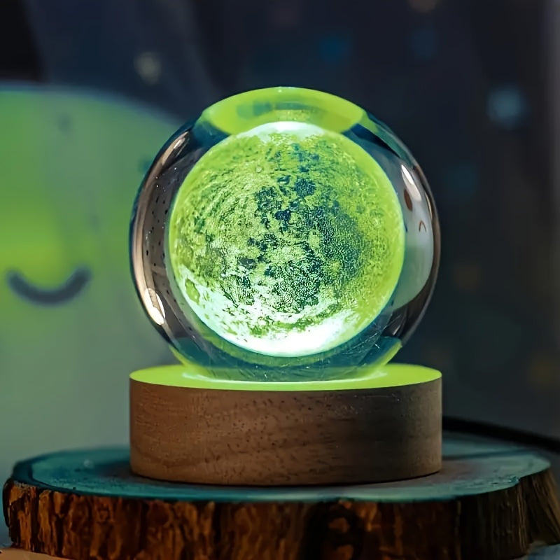 LumiSphere - 3D Kryształowa Kula LED Nocna Lampa z Drewnianą Podstawą