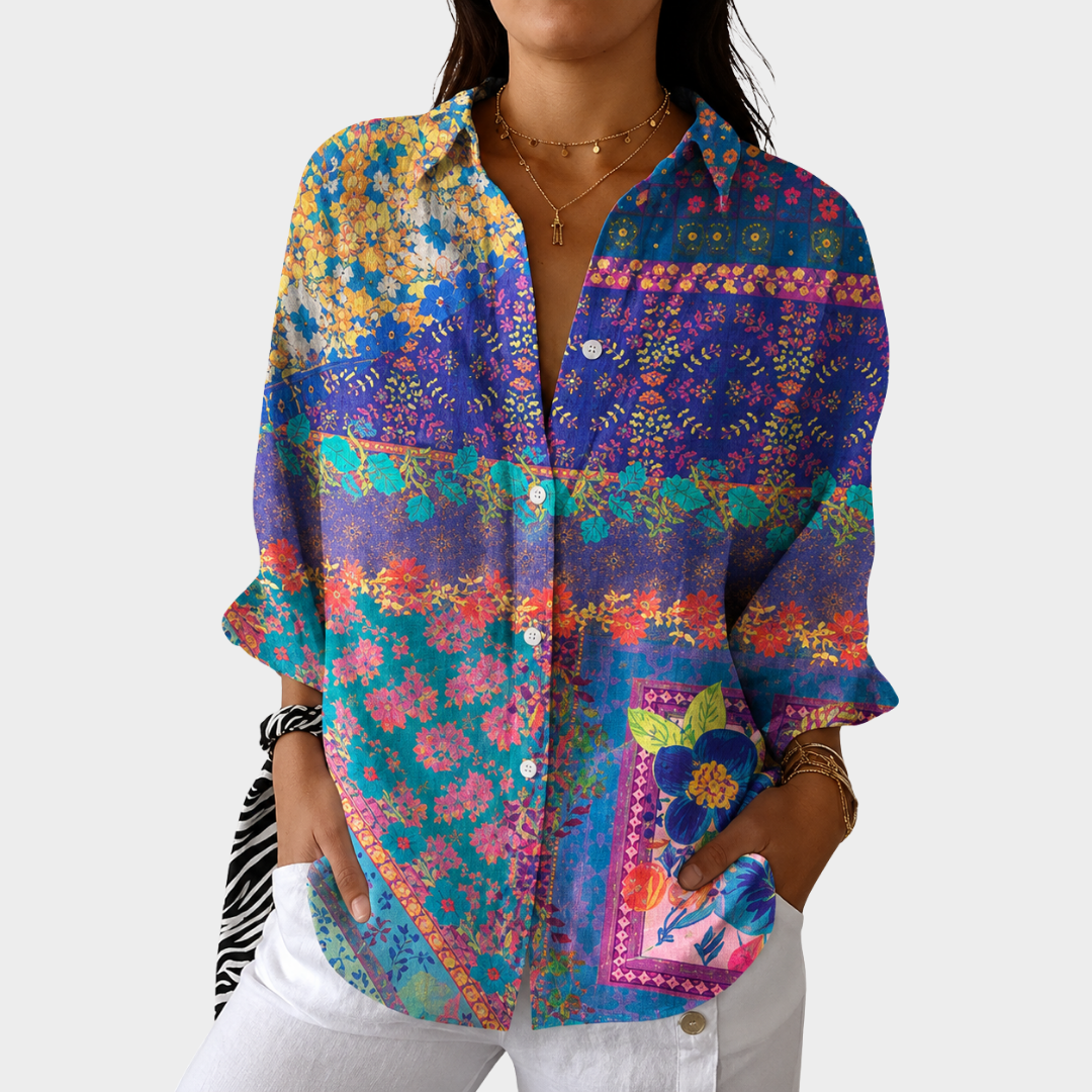Etnisk Blå Patchwork Blus