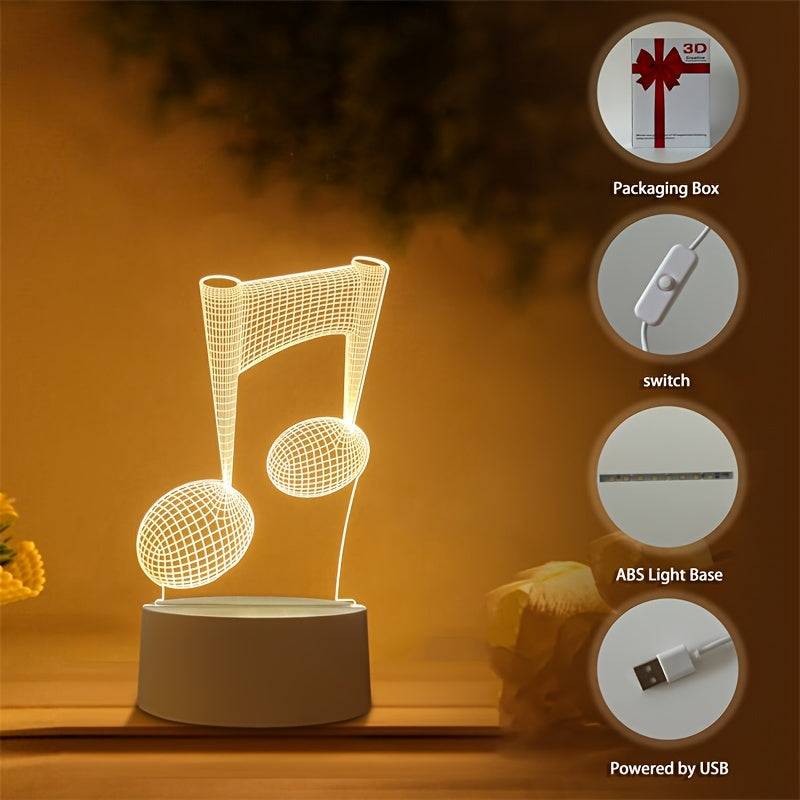 LumiNote - Akrylowa Lampa Nocna w Kształcie Nuty Muzycznej, 3D LED Ramka, Zasilana przez USB