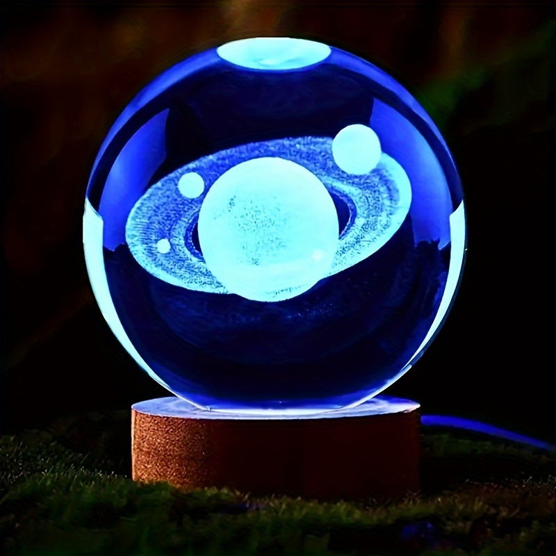 LumiSphere - 3D Kryształowa Kula LED Nocna Lampa z Drewnianą Podstawą