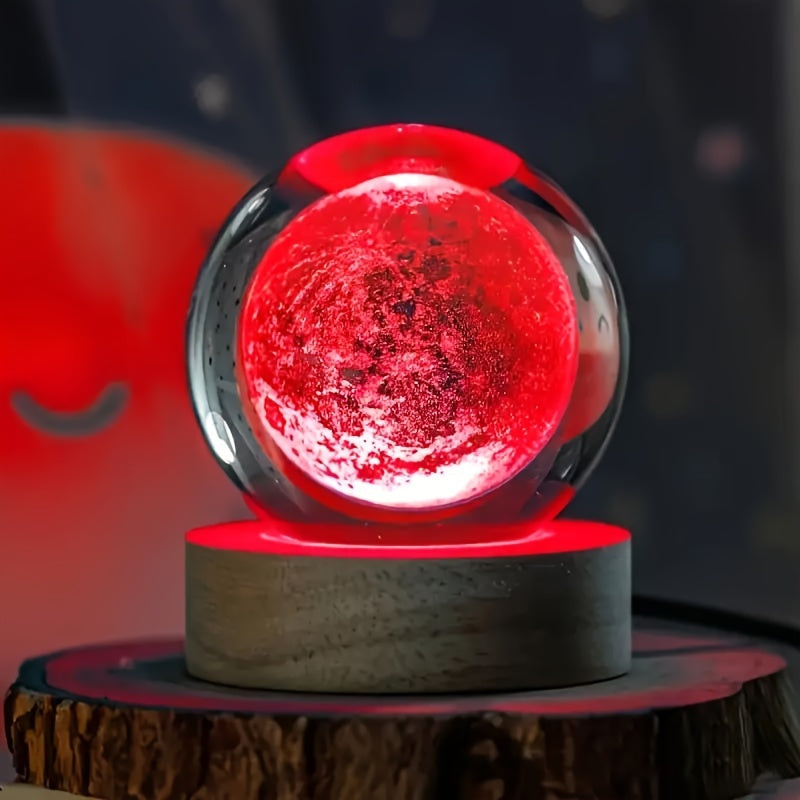 LumiSphere - 3D Kryształowa Kula LED Nocna Lampa z Drewnianą Podstawą