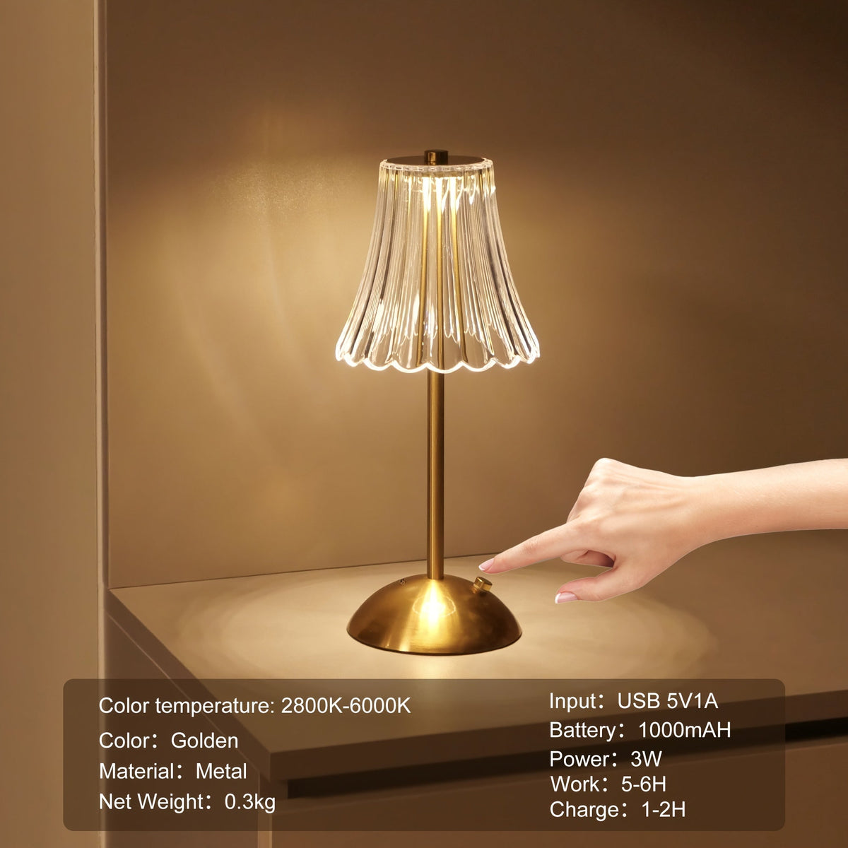 Crystaluxe - Lampa Stołowa LED z Kryształami z Dotykowym Sterowaniem, Trzy Kolory Światła