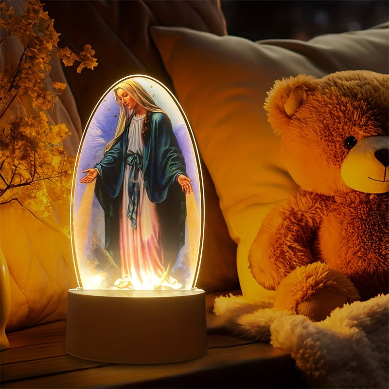 DivineGlow - LED Lampka Nocna Matki Boskiej z Owalną Ramką Akrylową, Zasilana USB