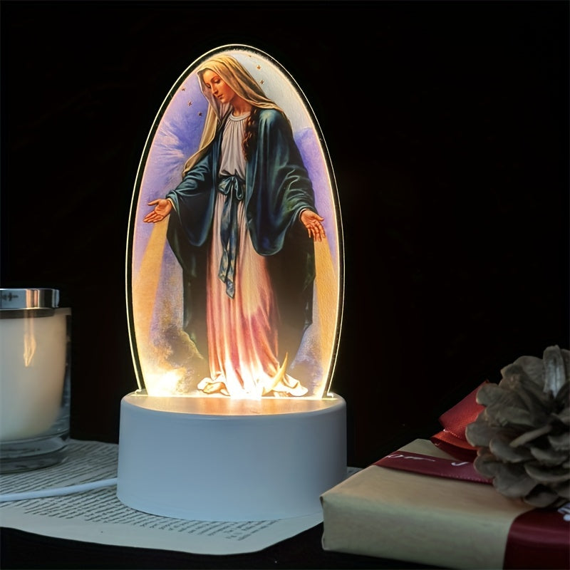 DivineGlow - LED Lampka Nocna Matki Boskiej z Owalną Ramką Akrylową, Zasilana USB