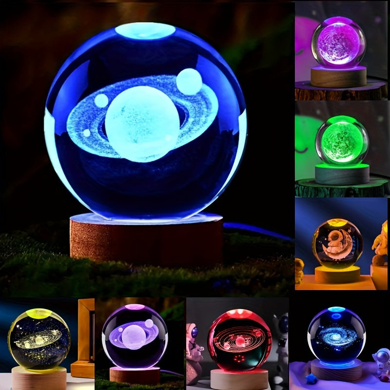 LumiSphere - 3D Kryształowa Kula LED Nocna Lampa z Drewnianą Podstawą