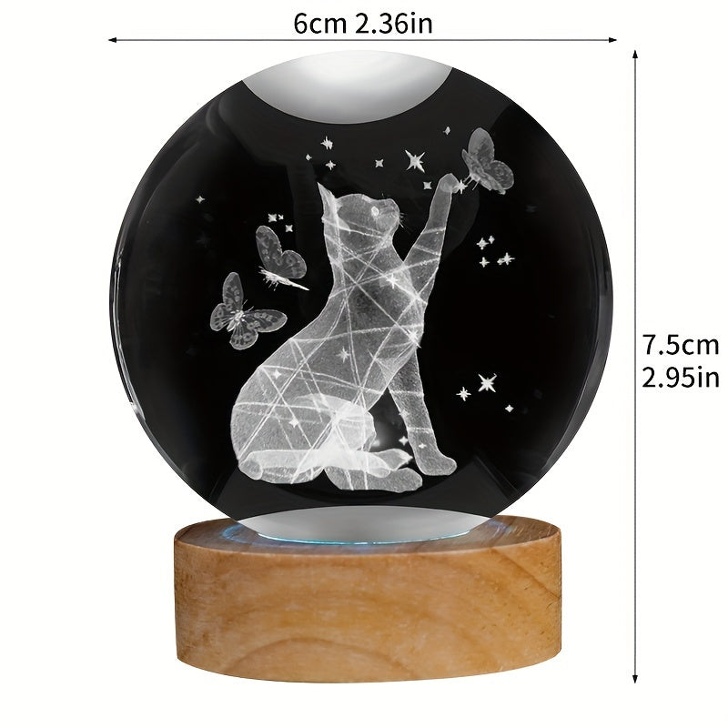 CrystalGlow - 3D Kot & Mot Kryształowa Kula Nocna Lampa z Drewnianą Podstawką