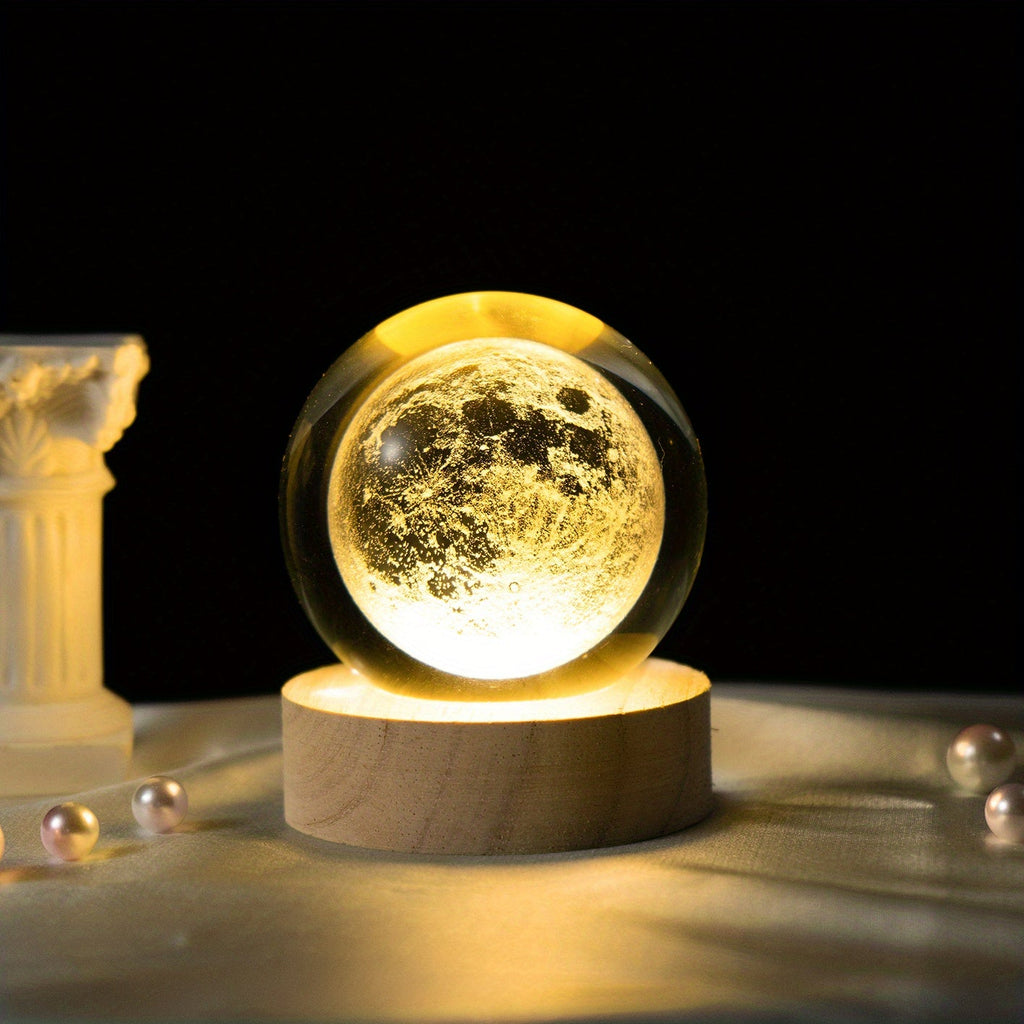 MoonCrystal - Lampa Kula Księżycowa z Drewnianą Podstawą