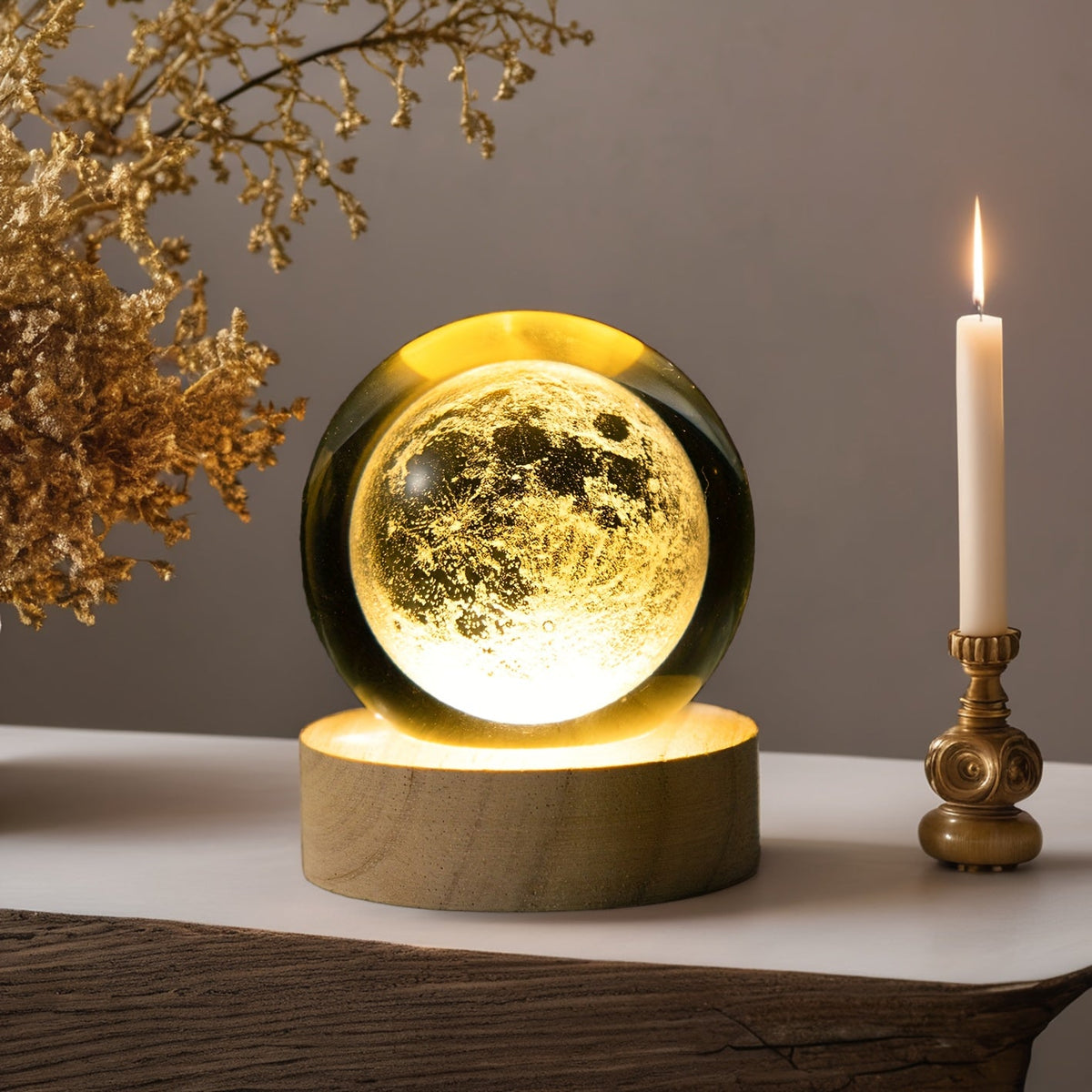 MoonCrystal - Lampa Kula Księżycowa z Drewnianą Podstawą