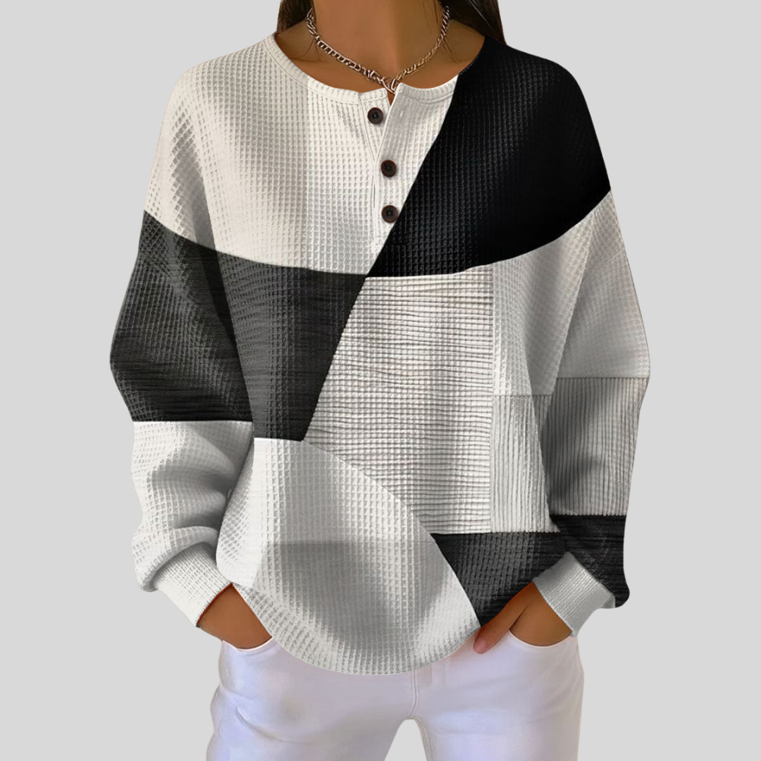 Frondine | Geometrisk Färgblock Henley Sweatshirt