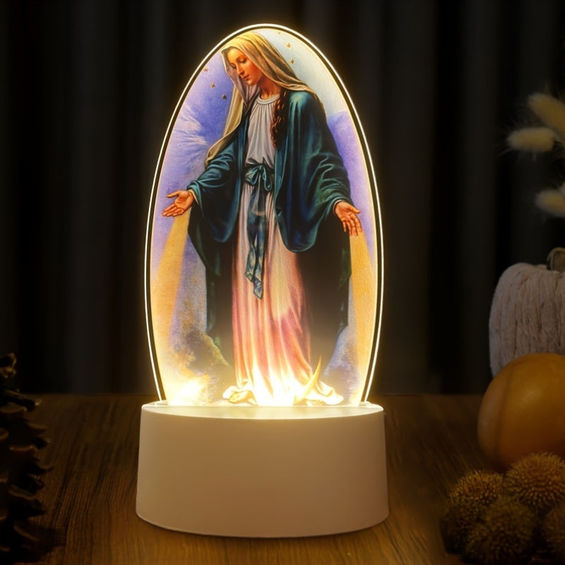 DivineGlow - LED Lampka Nocna Matki Boskiej z Owalną Ramką Akrylową, Zasilana USB