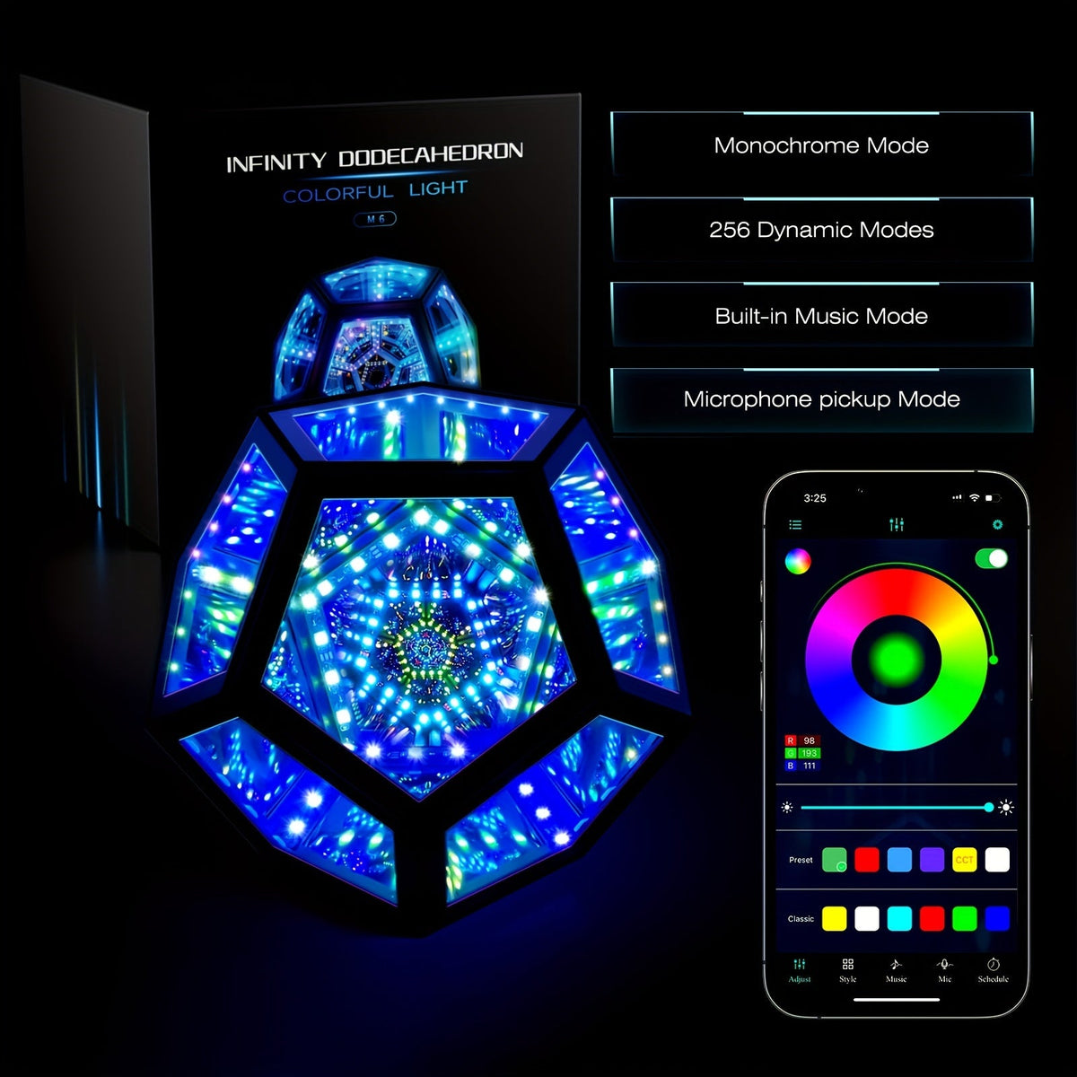 InfinityGlow - Magiczna Kolorowa Lampa Dodekaedru z 3D Nieskończonym Lustrem i Oświetleniem RGB