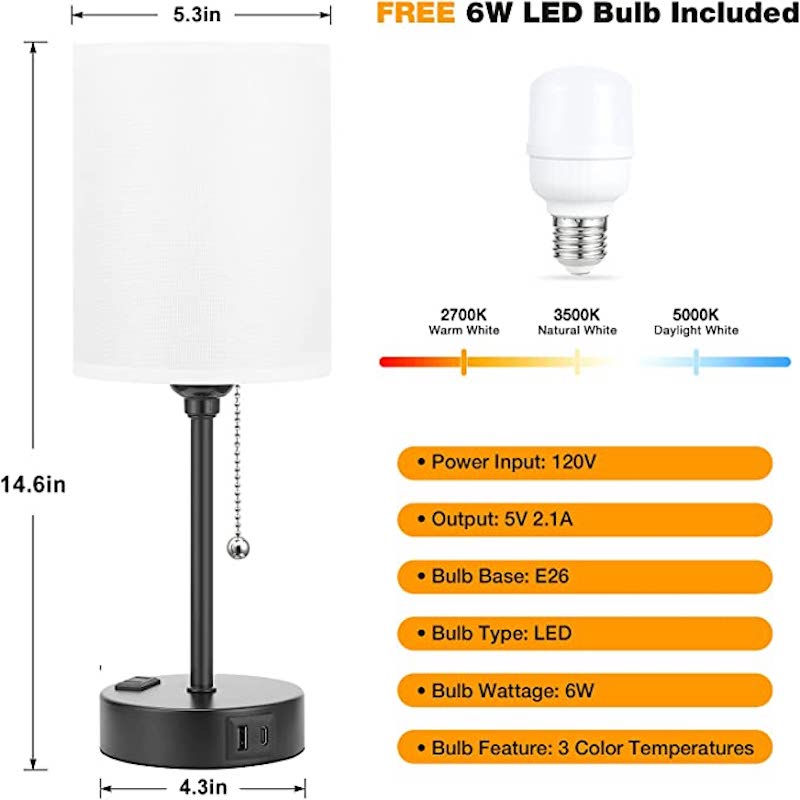 Lampa sypialniana - 3 temperatury barwowe, porty USB-C i USB-A, lampa stołowa z gniazdkiem AC