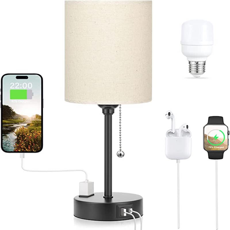 Lampa sypialniana - 3 temperatury barwowe, porty USB-C i USB-A, lampa stołowa z gniazdkiem AC