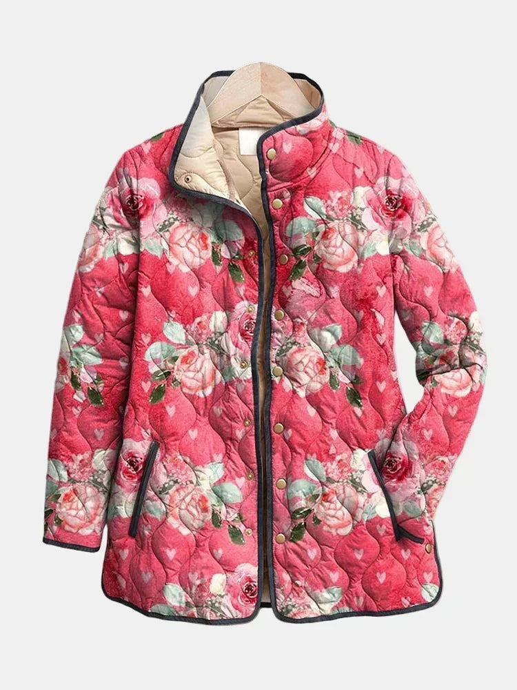Freya | Charmig Rosa Blommig Mönstrad Vadderad Jacka