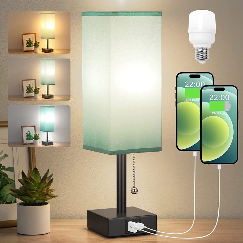 Lampa stołowa z 3 poziomami jasności - 2700/3500/5000K Nocna lampka z portami USB i sznurkiem