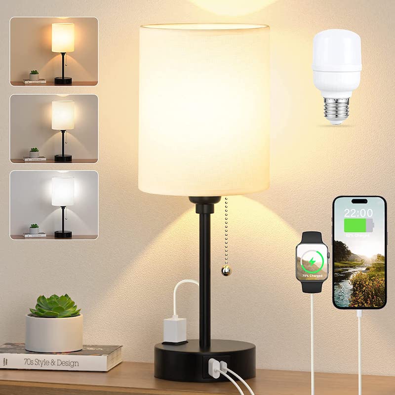 Lampa sypialniana - 3 temperatury barwowe, porty USB-C i USB-A, lampa stołowa z gniazdkiem AC