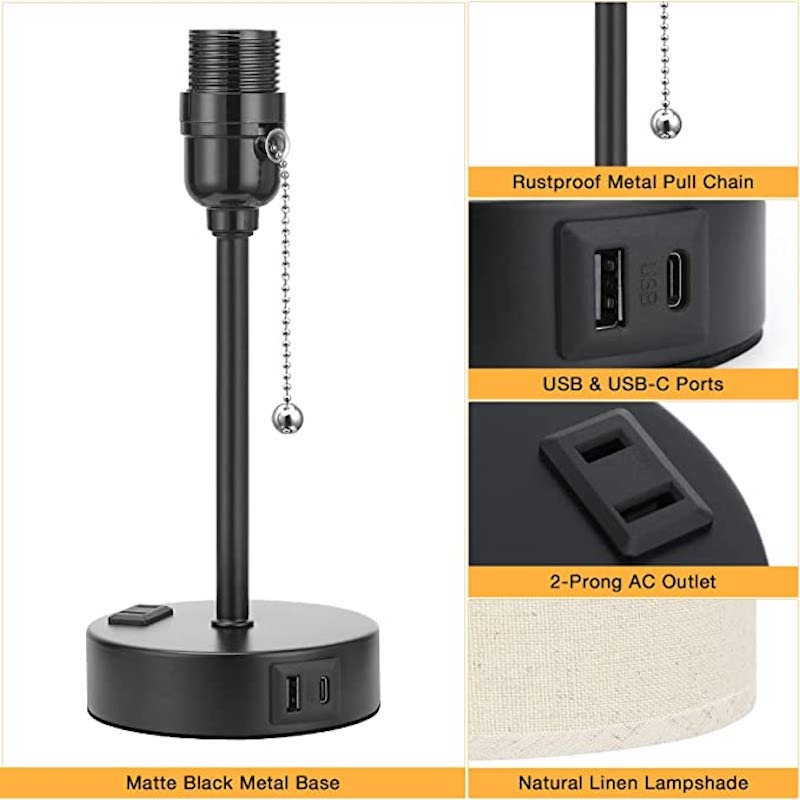 Lampa sypialniana - 3 temperatury barwowe, porty USB-C i USB-A, lampa stołowa z gniazdkiem AC