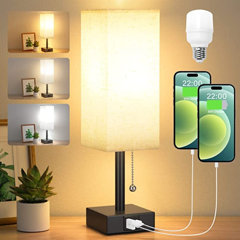 Lampa stołowa z 3 poziomami jasności - 2700/3500/5000K Nocna lampka z portami USB i sznurkiem