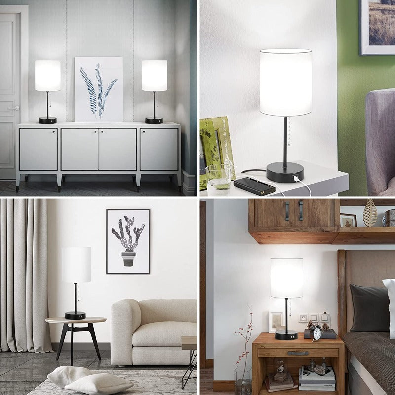 Zestaw 2 lamp stołowych z portami USB do ładowania - Nowoczesne szare lampy nocne z gniazdkiem AC i włącznikiem na sznurku