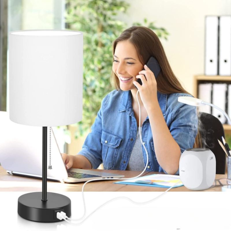 Zestaw 2 lamp stołowych z portami USB do ładowania - Nowoczesne szare lampy nocne z gniazdkiem AC i włącznikiem na sznurku