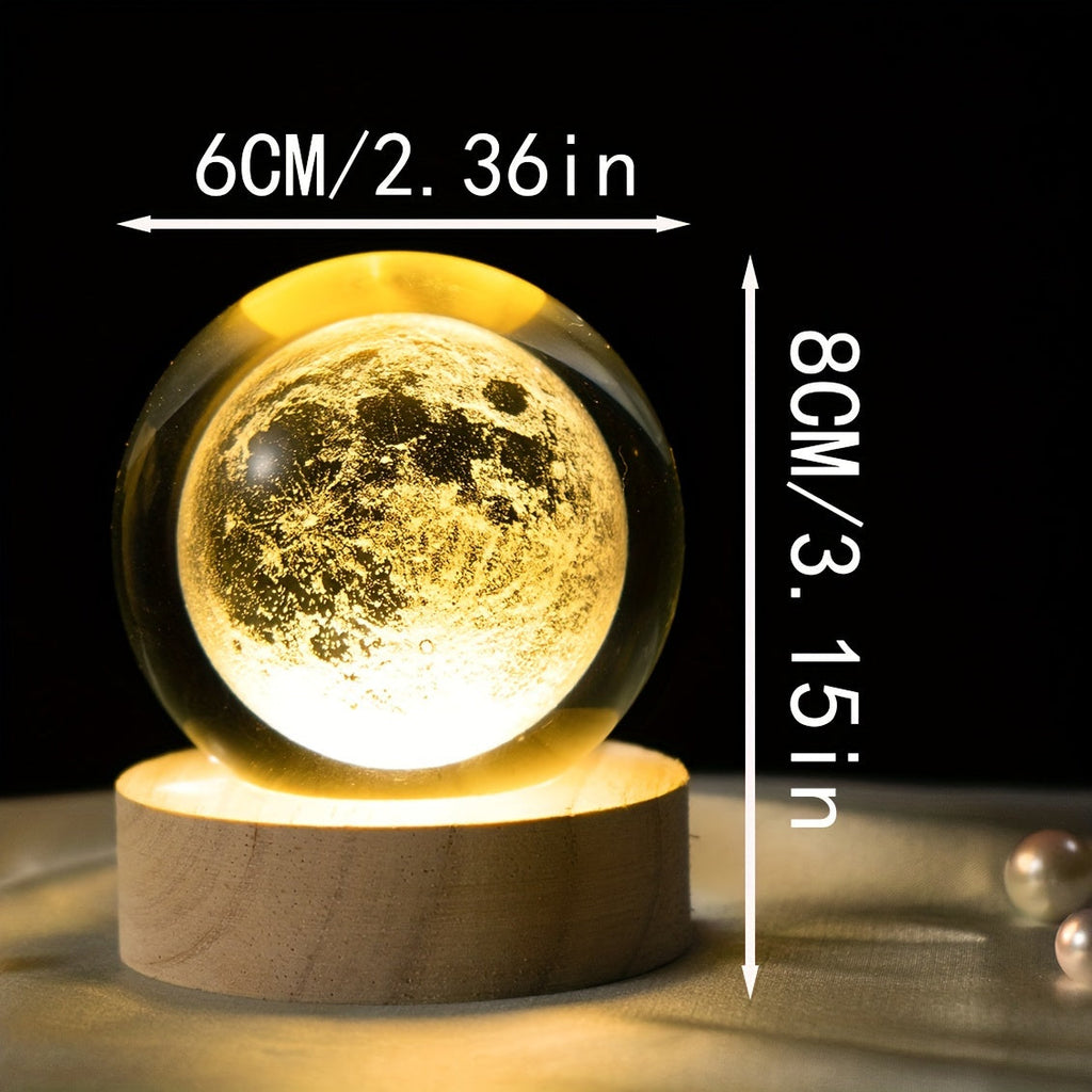 MoonCrystal - Lampa Kula Księżycowa z Drewnianą Podstawą