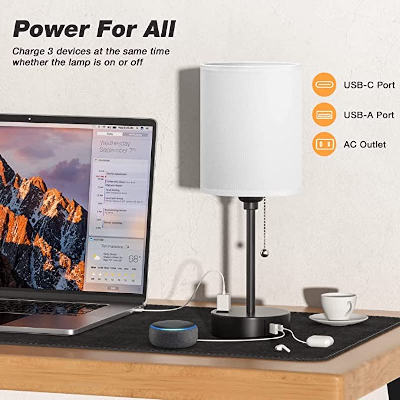 Lampa sypialniana - 3 temperatury barwowe, porty USB-C i USB-A, lampa stołowa z gniazdkiem AC