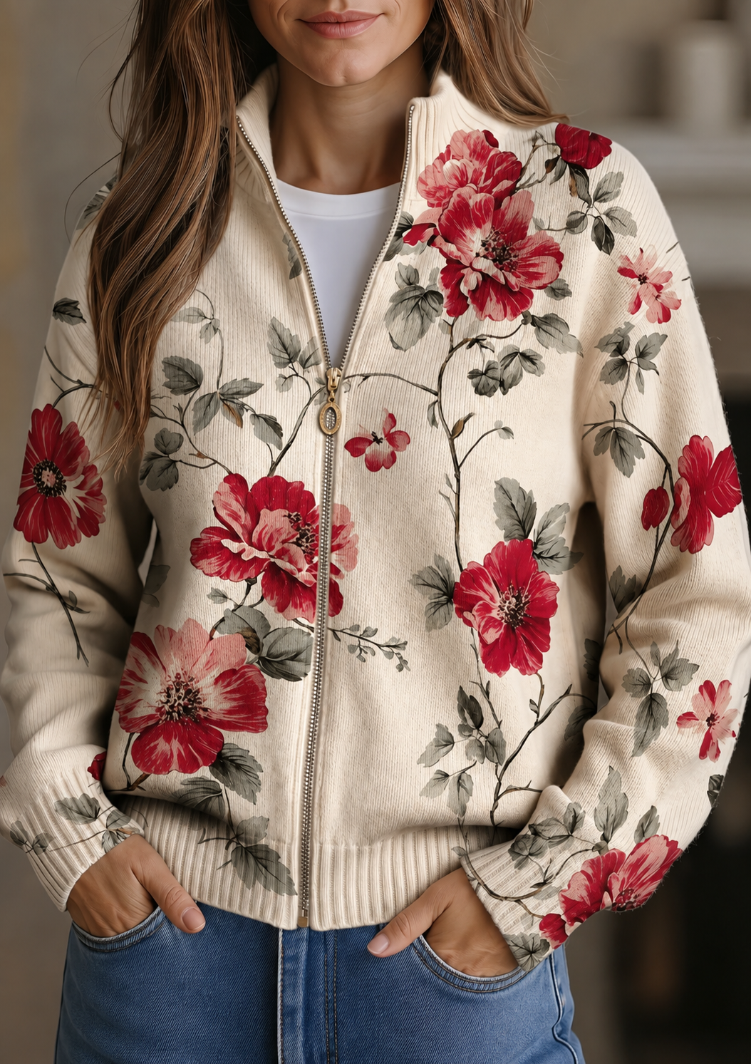 Wilhelmine | Vintage Rostryckad Zip-Kardigan