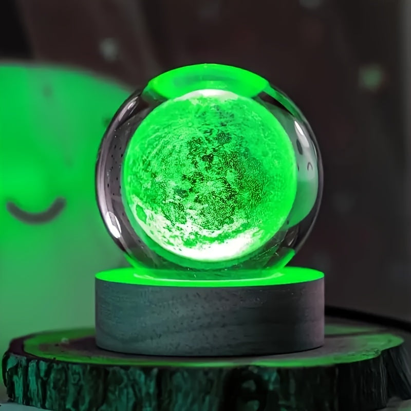 LumiSphere - 3D Kryształowa Kula LED Nocna Lampa z Drewnianą Podstawą