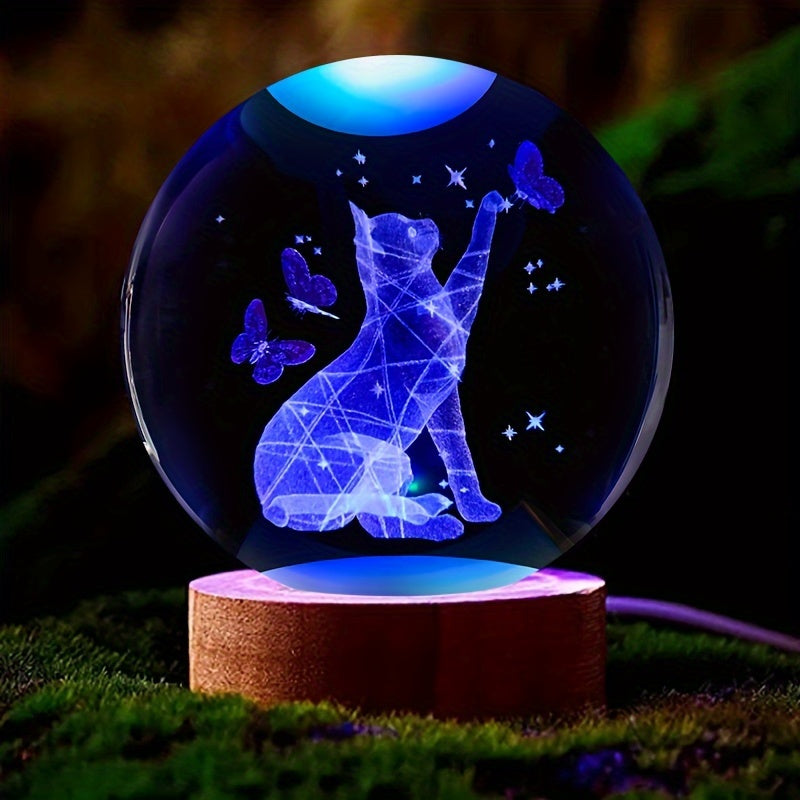 CrystalGlow - 3D Kot & Mot Kryształowa Kula Nocna Lampa z Drewnianą Podstawką