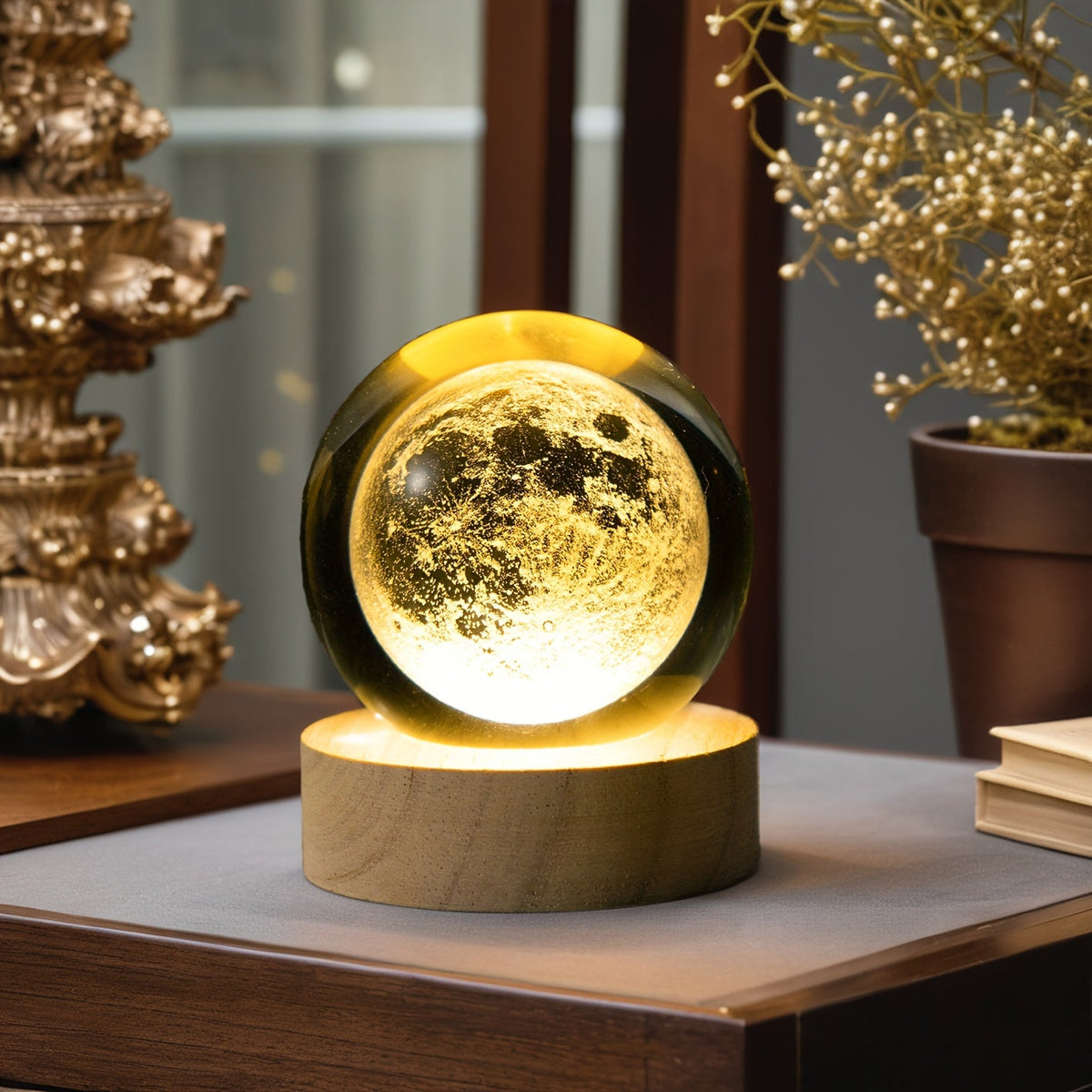 MoonCrystal - Lampa Kula Księżycowa z Drewnianą Podstawą