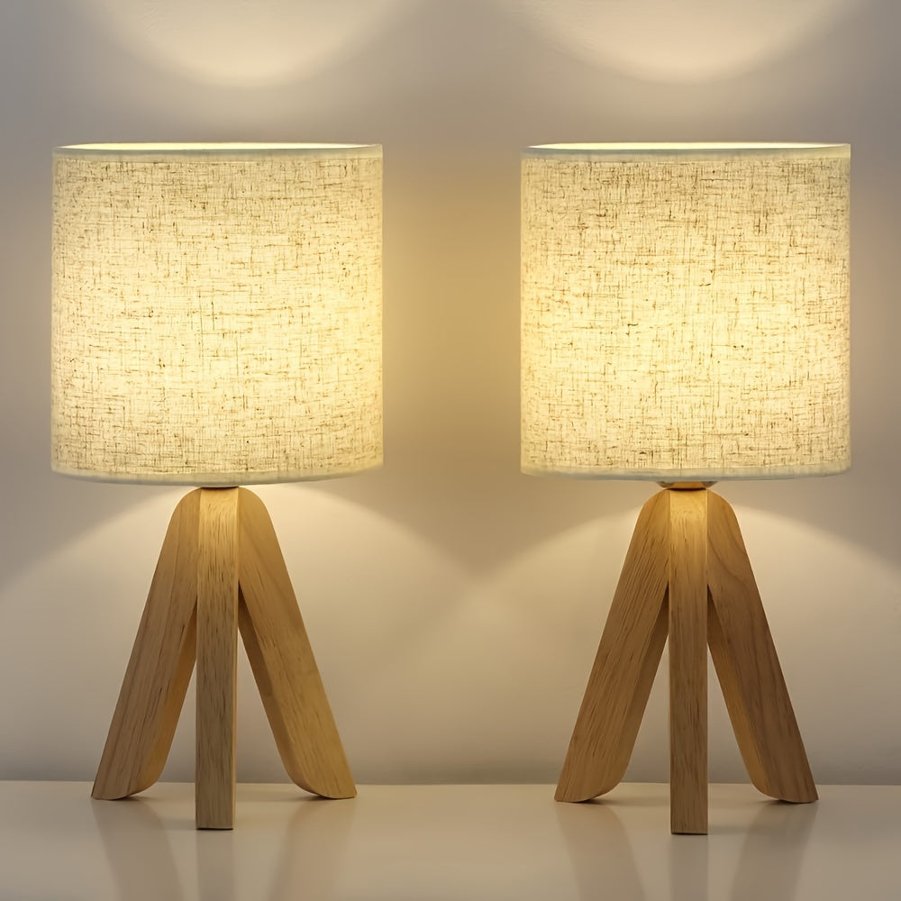 DriepootLicht - Drewniana Lampa Stołowa z Lniana Abajurem, 220V-240V, Europejski Wtyk