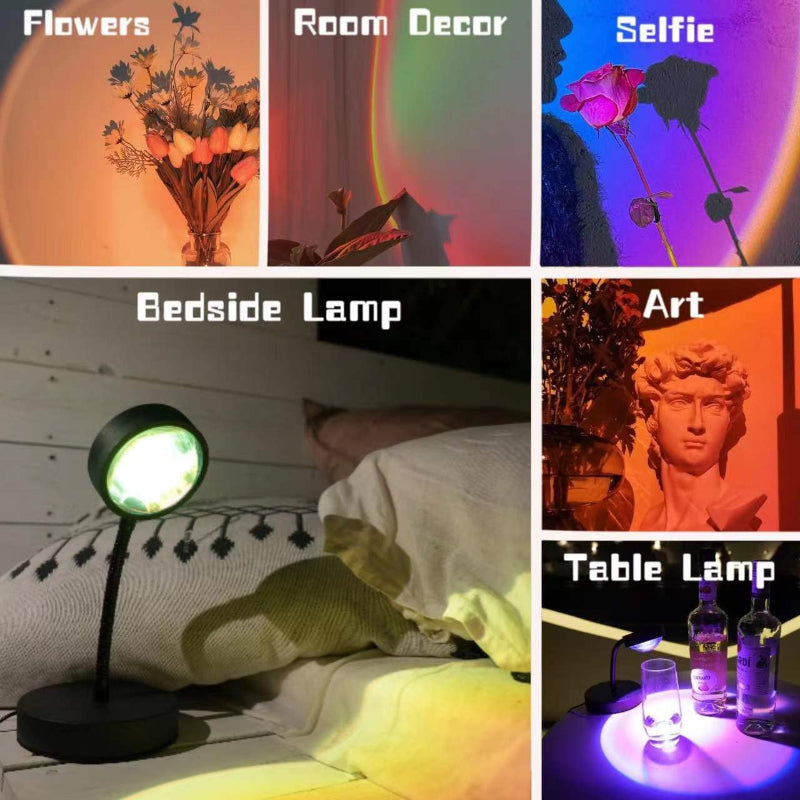 Projektor Lampy Zachodu Słońca - LED Nocna Lampa z 16 RGB Kolorami i 360° Rotacją