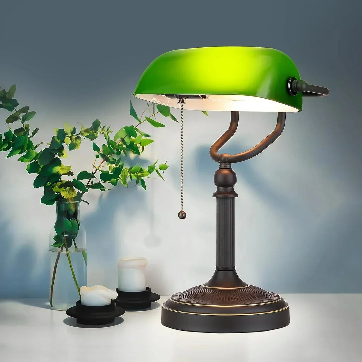 LumiBank - Klasyczna Lampa Bankierska z Zielonym Szkłem w Stylu Retro do Biura i Salonu