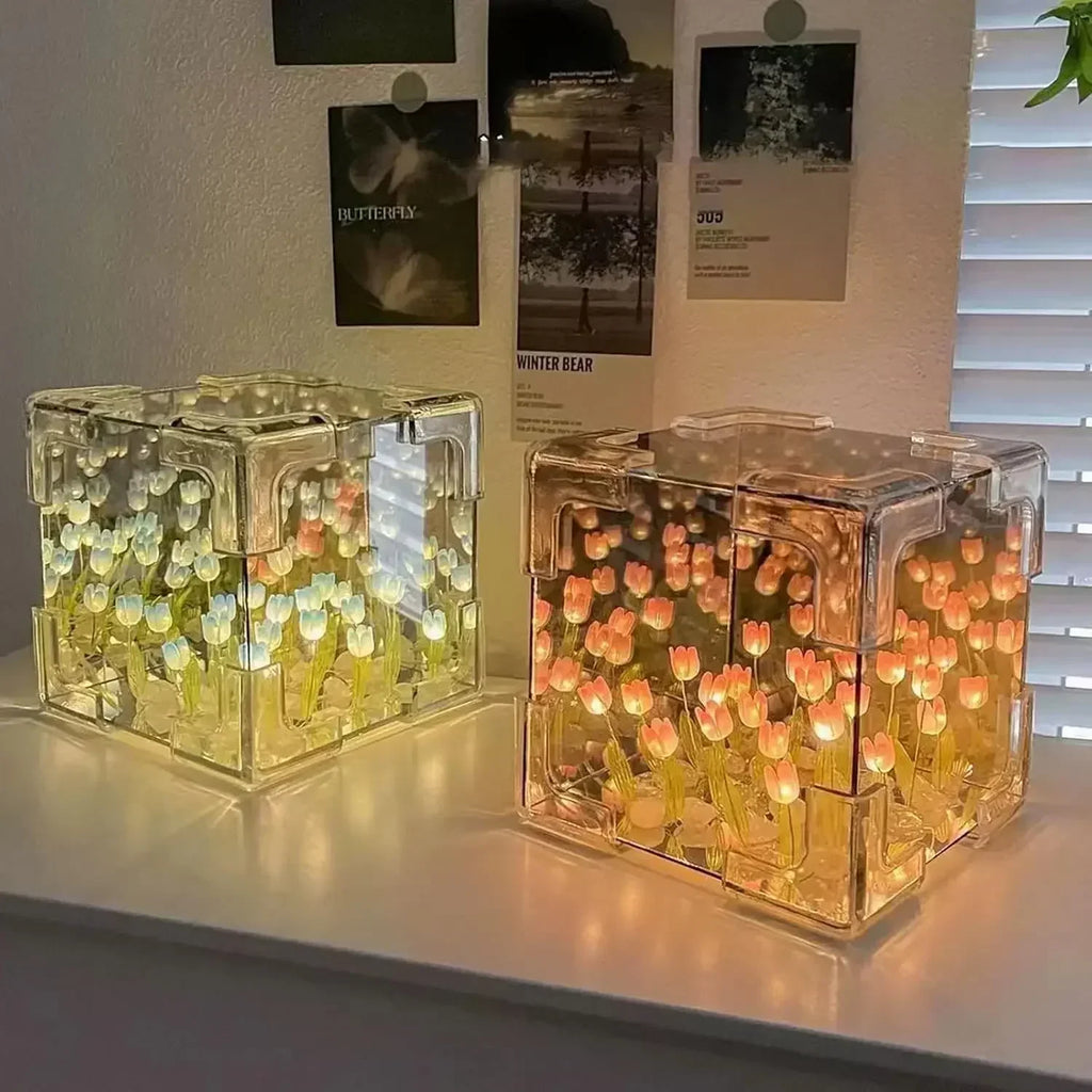 MirrorBloom - Lampka DIY w kształcie sześcianu lusterka z tulipanowym wzorem